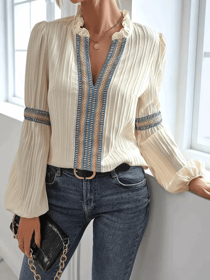 Langarm Bluse Damen im Boho-Look | Stehkragen & Zierborte