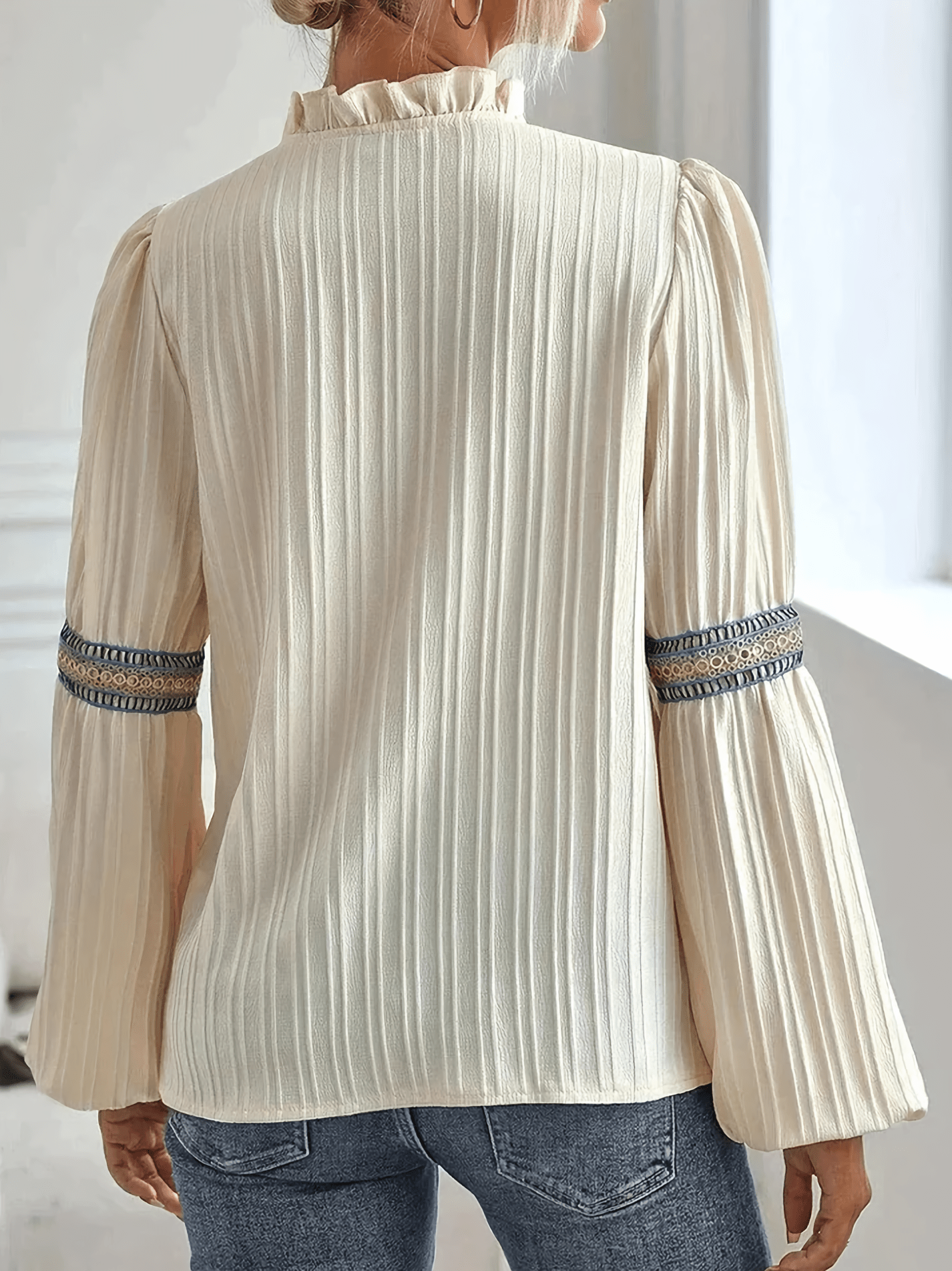Langarm Bluse Damen im Boho-Look | Stehkragen & Zierborte