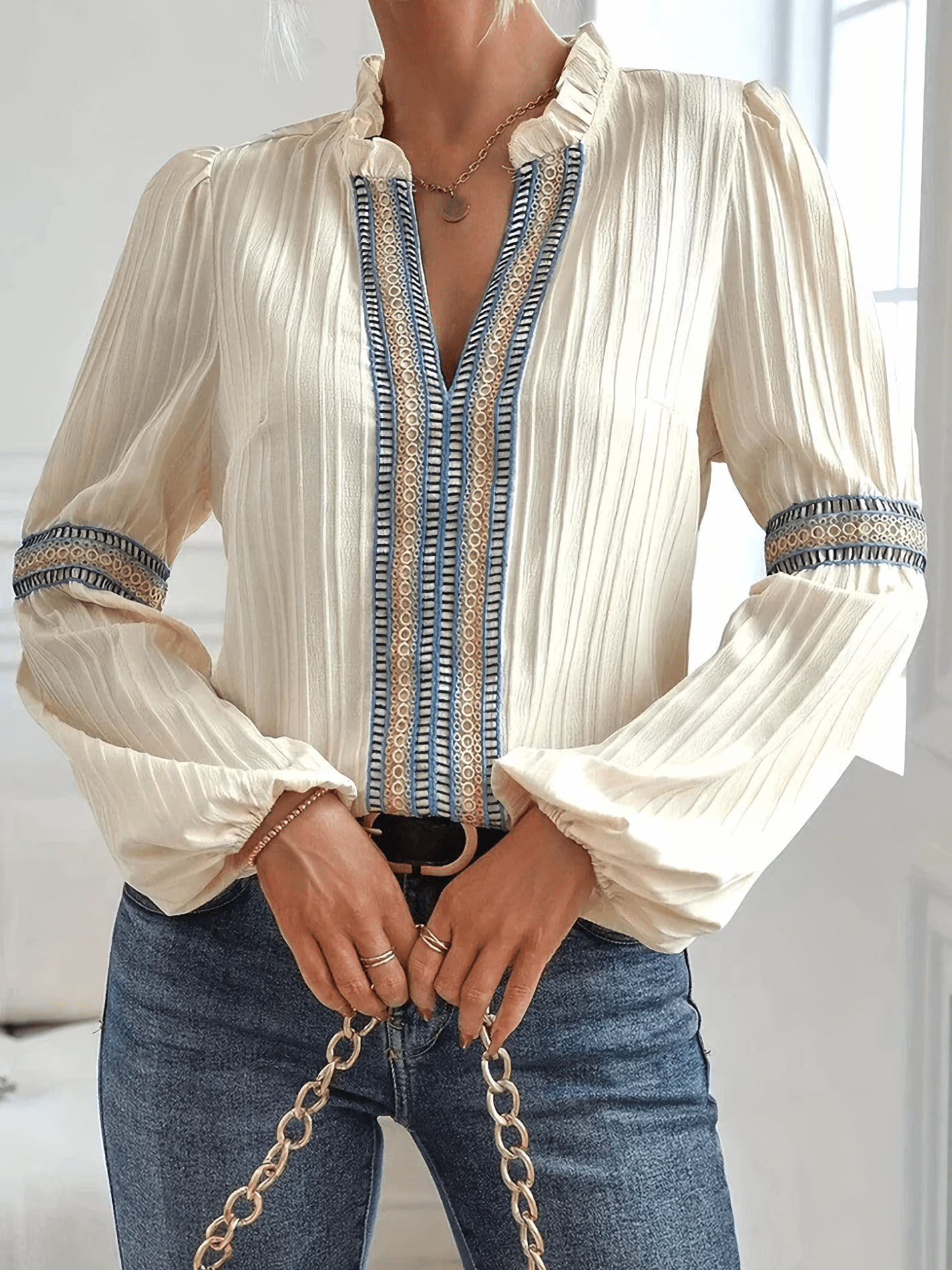 Langarm Bluse Damen im Boho-Look | Stehkragen & Zierborte