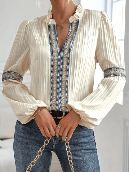 Langarm Bluse Damen im Boho-Look | Stehkragen & Zierborte