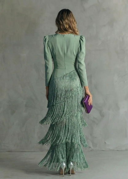 Langarm Kleid Damen | Fransen-Rock & V-Ausschnitt