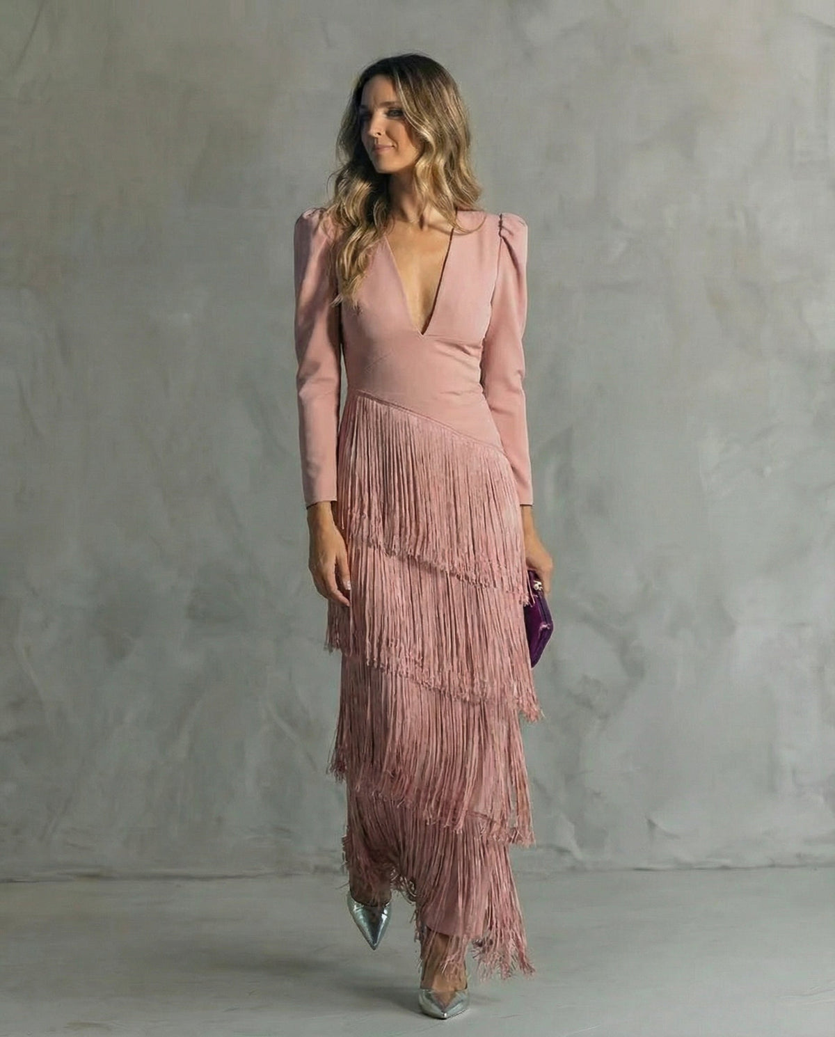 Langarm Kleid Damen | Fransen-Rock & V-Ausschnitt