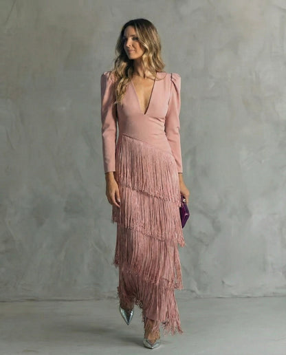 Langarm Kleid Damen | Fransen-Rock & V-Ausschnitt