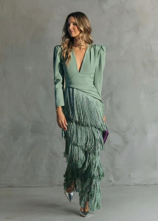 Langarm Kleid Damen | Fransen-Rock & V-Ausschnitt