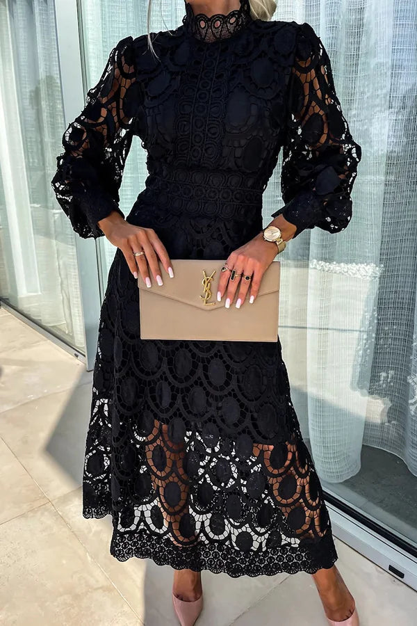 Langarm Kleid Damen | Häkelspitze & Laternenärmel