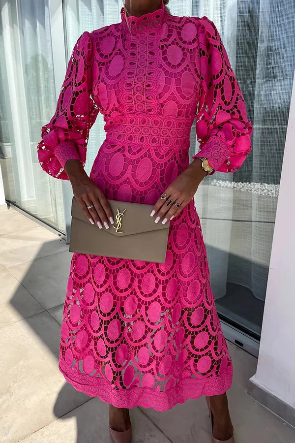 Langarm Kleid Damen | Häkelspitze & Laternenärmel