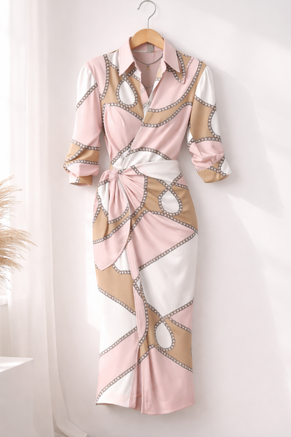 Langarm Kleid Damen | Hemdkragen & Wickeloptik mit Knoten