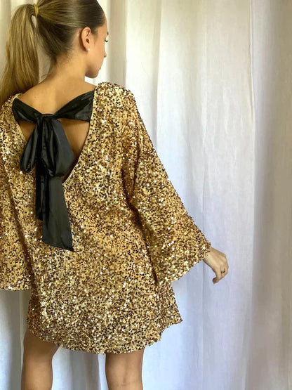 Langarm Kleid Damen | Pailletten & Rücken-Schleife