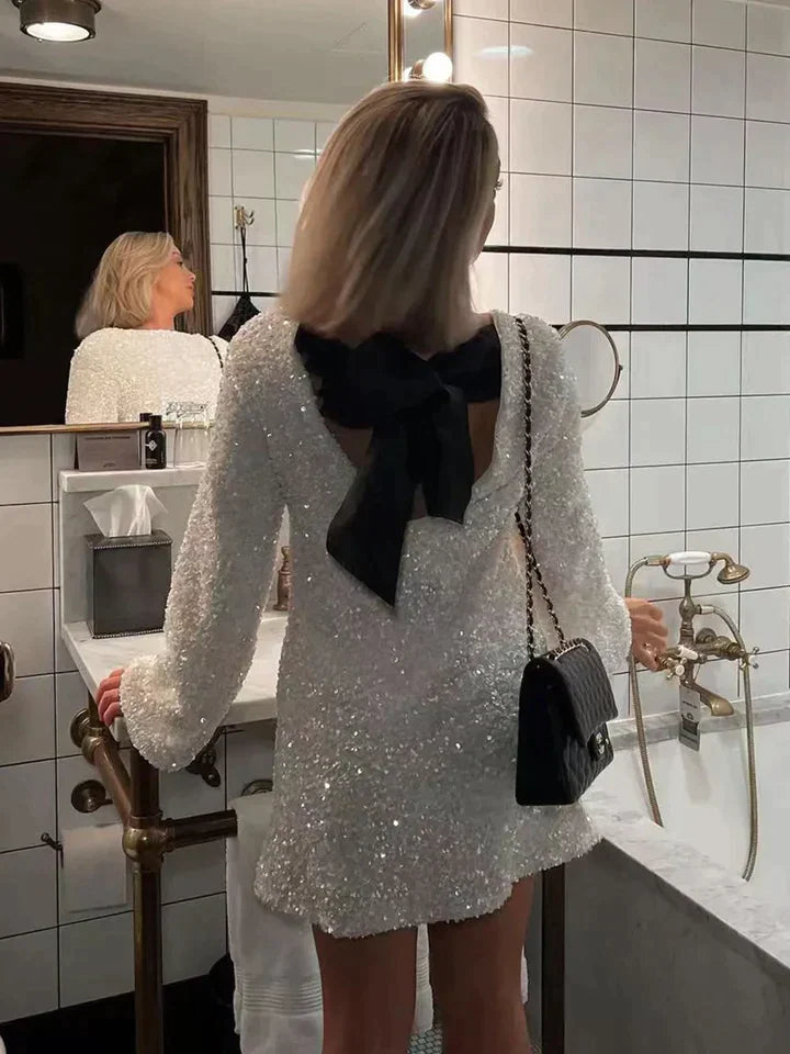 Langarm Kleid Damen | Pailletten & Rücken-Schleife