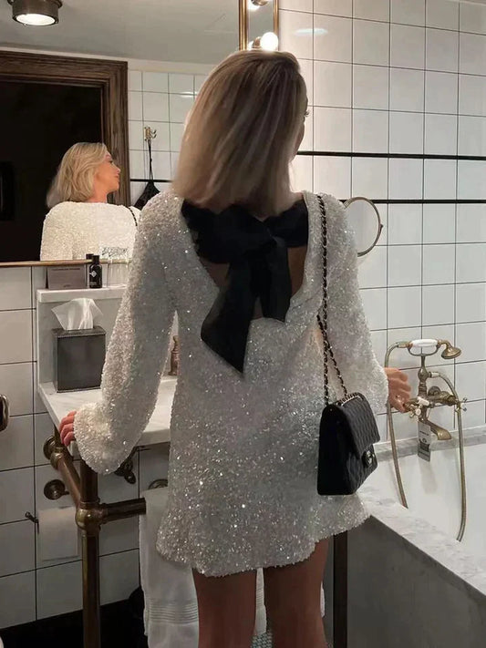 Langarm Kleid Damen | Pailletten & Rücken-Schleife