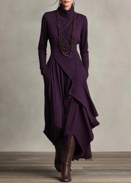 Langarm Kleid Damen | Rollkragen & Drapierte Fließende Länge