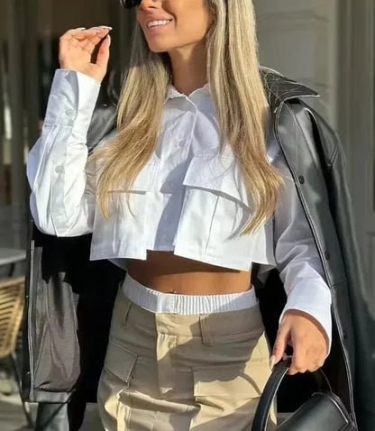 Langarm Polo Damen als Hemdbluse | Cropped & Aufgesetzte Taschen