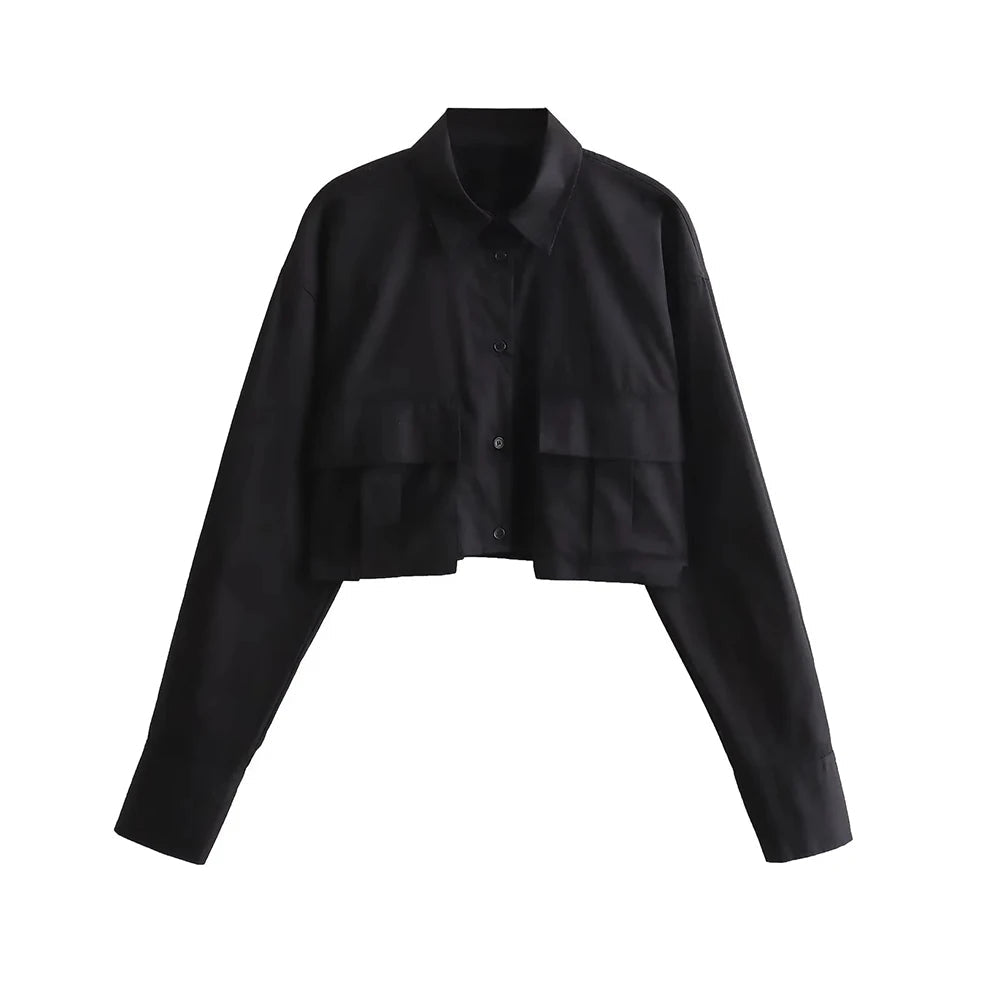 Langarm Polo Damen als Hemdbluse | Cropped & Aufgesetzte Taschen