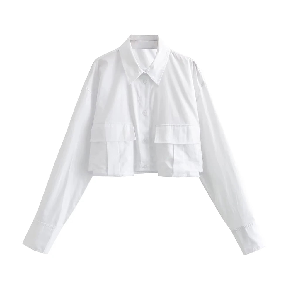 Langarm Polo Damen als Hemdbluse | Cropped & Aufgesetzte Taschen