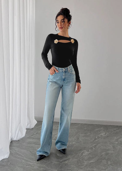 Langarm Top Damen | Cut-out & Rosen-Applikation