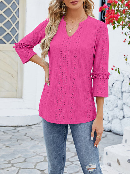 Langarm Top Damen | Lochmuster & Rüschenärmel