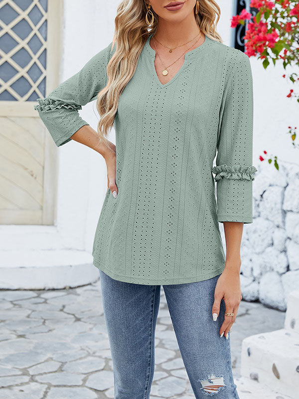 Langarm Top Damen | Lochmuster & Rüschenärmel