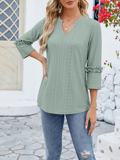 Langarm Top Damen | Lochmuster & Rüschenärmel