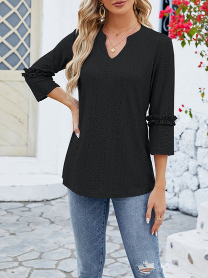 Langarm Top Damen | Lochmuster & Rüschenärmel