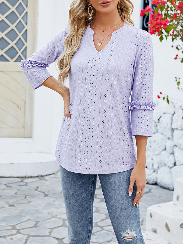 Langarm Top Damen | Lochmuster & Rüschenärmel