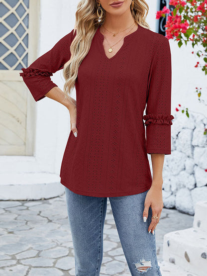 Langarm Top Damen | Lochmuster & Rüschenärmel