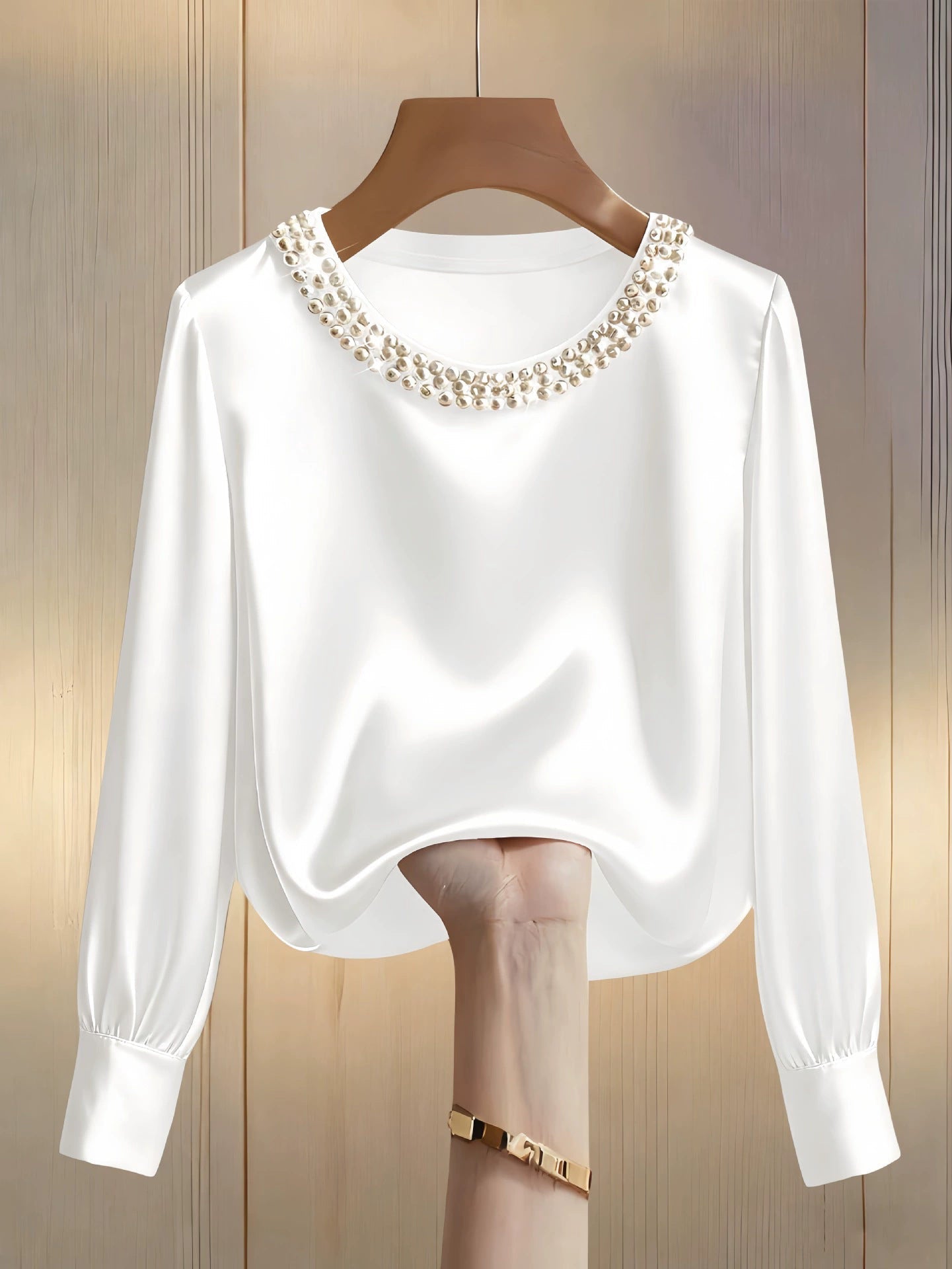 Langarm Top Damen | Rundhals & Perlenzier