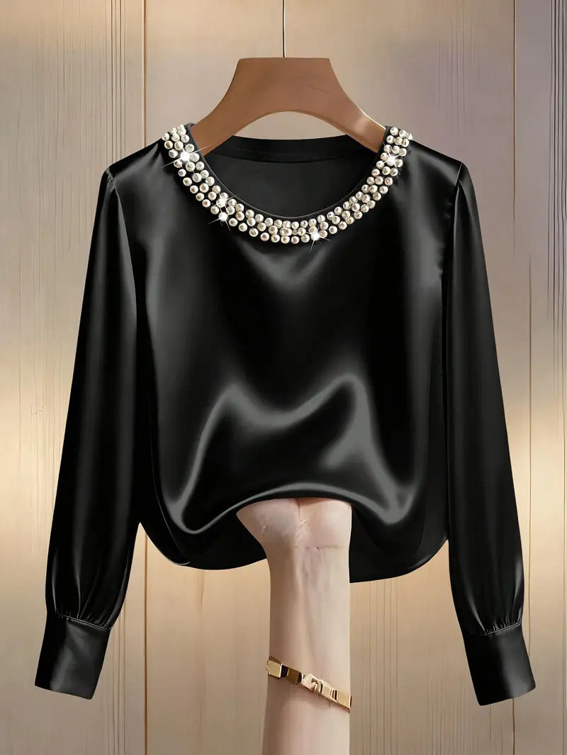 Langarm Top Damen | Rundhals & Perlenzier
