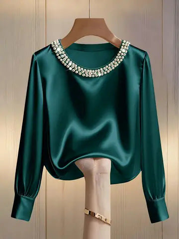 Langarm Top Damen | Rundhals & Perlenzier