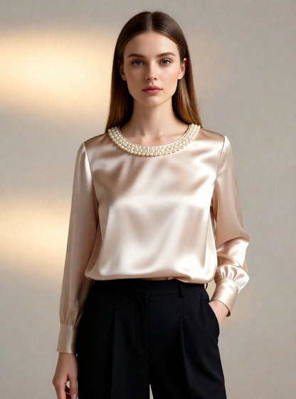 Langarm Top Damen | Rundhals & Perlenzier