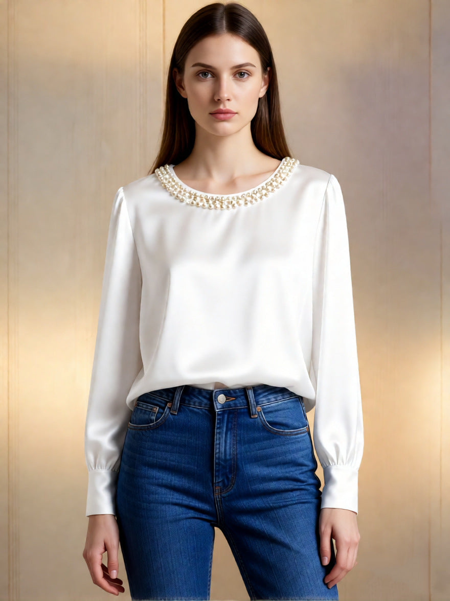 Langarm Top Damen | Rundhals & Perlenzier