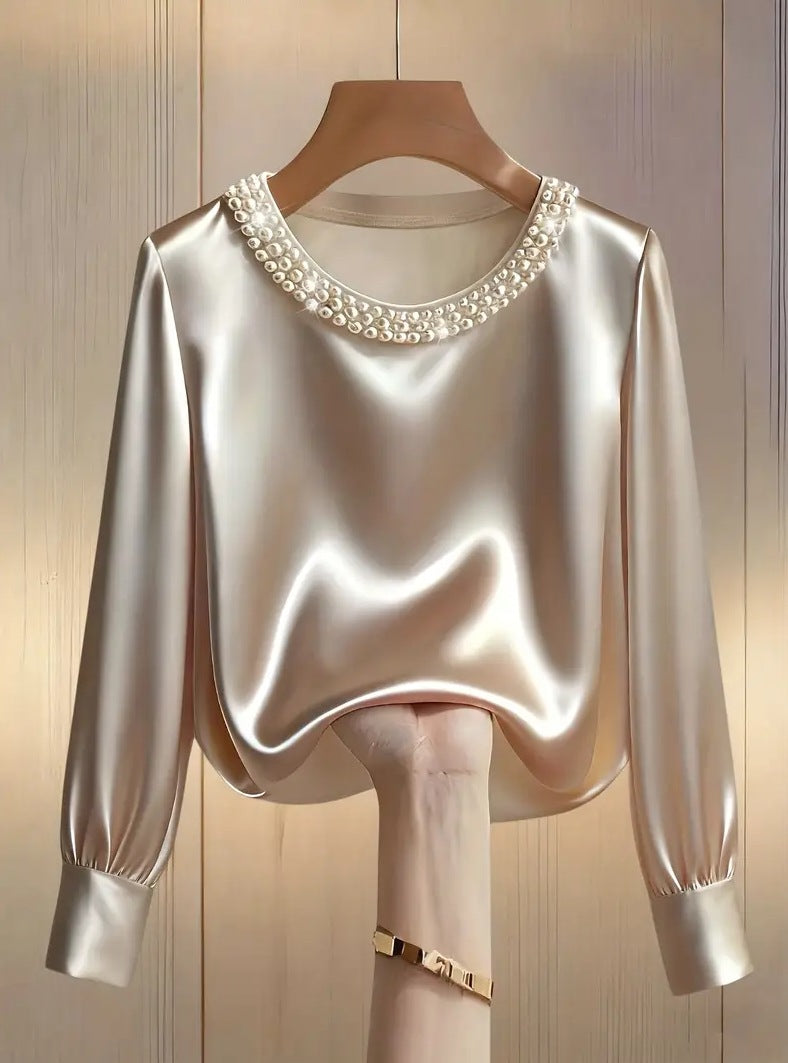 Langarm Top Damen | Rundhals & Perlenzier