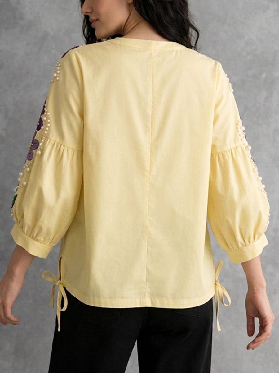 Langarm Top Damen | Rundhals & Puffärmel mit Blütenstickerei