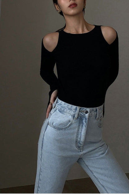 Langarm Top Damen | Rundhals & Schulter-Cut-outs