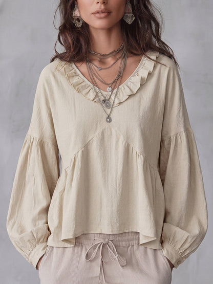 Langarm Top Damen | Rüschenbesatz & V-Ausschnitt