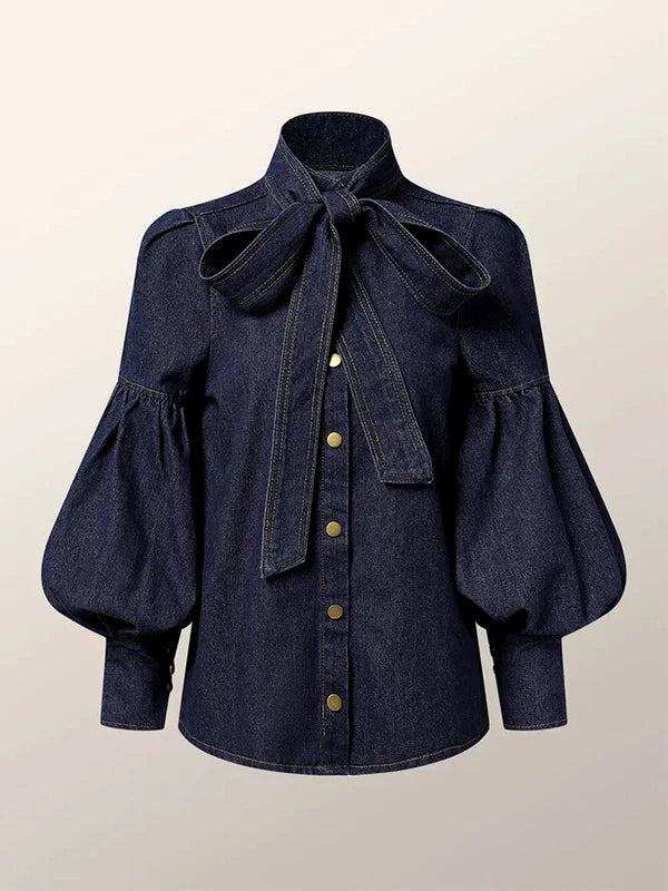 Langarm Top Damen | Schluppenschleife & Puffärmel