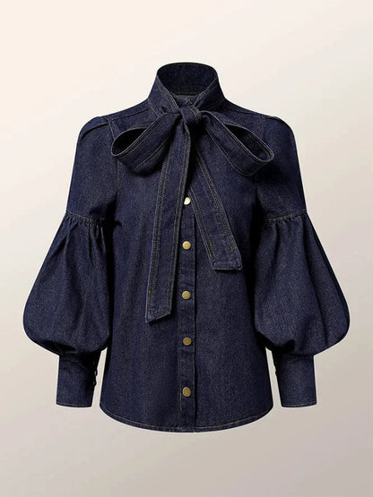Langarm Top Damen | Schluppenschleife & Puffärmel
