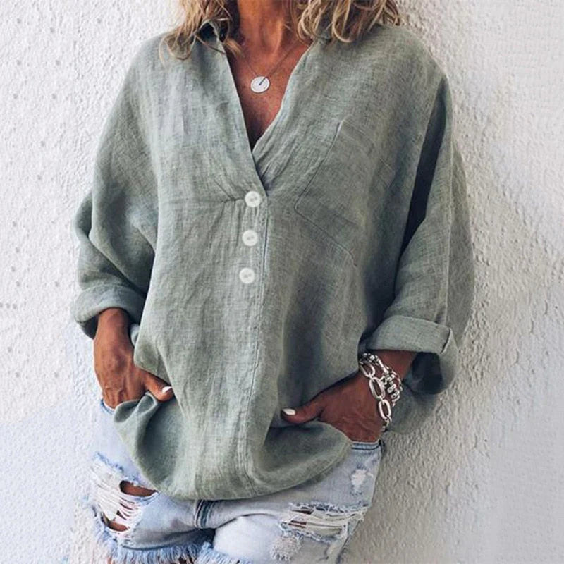 Langarm Top Damen | Stehkragen & Knopfleiste