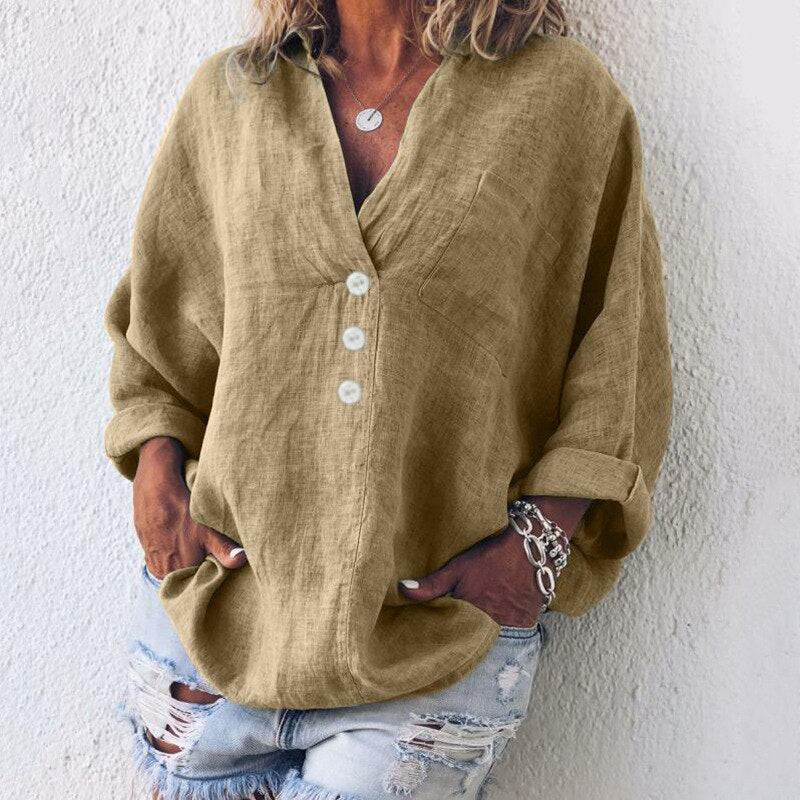 Langarm Top Damen | Stehkragen & Knopfleiste