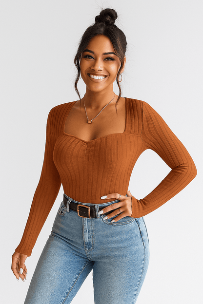 Langarm Top Damen mit Herzausschnitt | Tailliert & Raffung