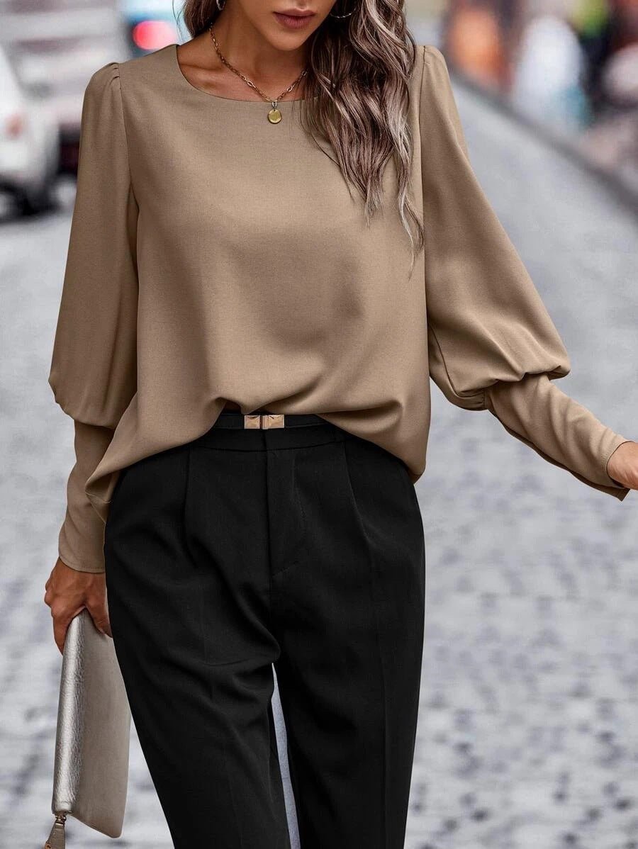 Langarm Top Damen mit Puffärmeln | Rundhals & Fließender Fall