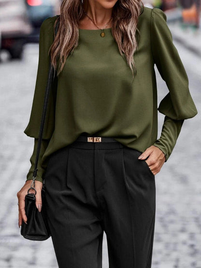 Langarm Top Damen mit Puffärmeln | Rundhals & Fließender Fall