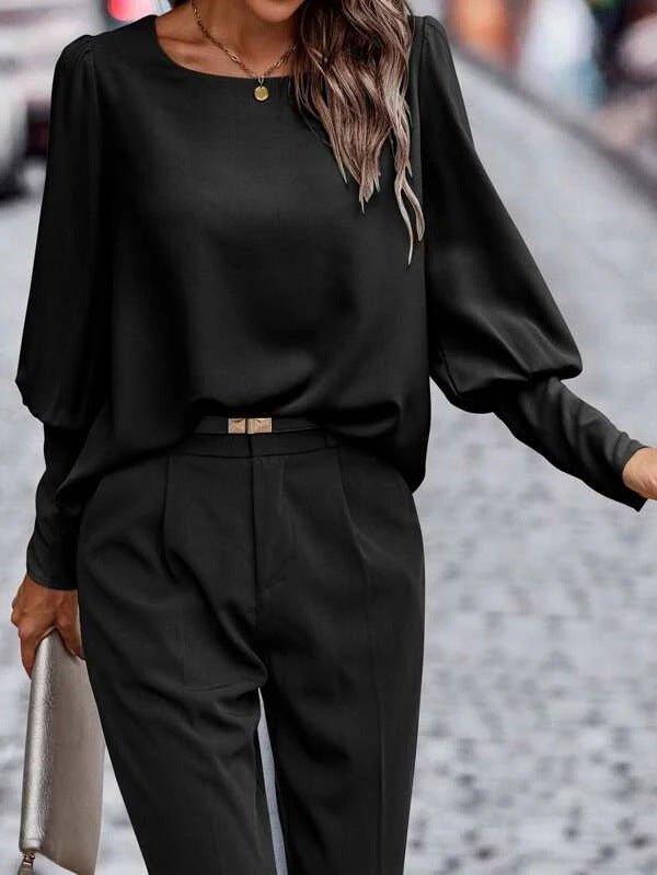 Langarm Top Damen mit Puffärmeln | Rundhals & Fließender Fall