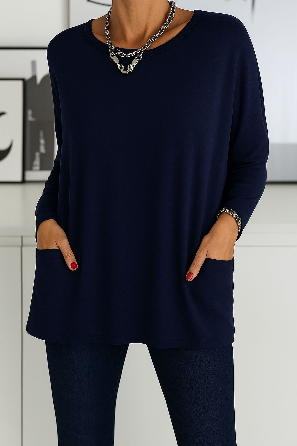 Langarm Top Damen mit Taschen | Lockerer Tunika-Schnitt