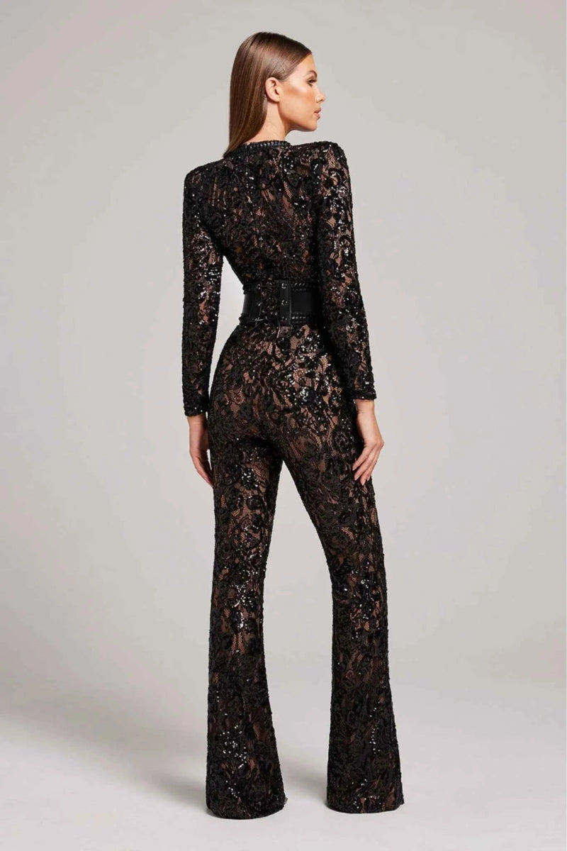 Jumpsuit Damen | Langärmliger Spitzen-Overall mit Pailletten & Ledergürtel