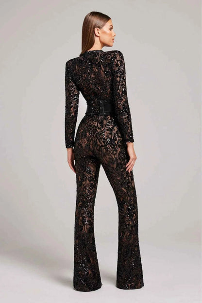 Jumpsuit Damen | Langärmliger Spitzen-Overall mit Pailletten & Ledergürtel