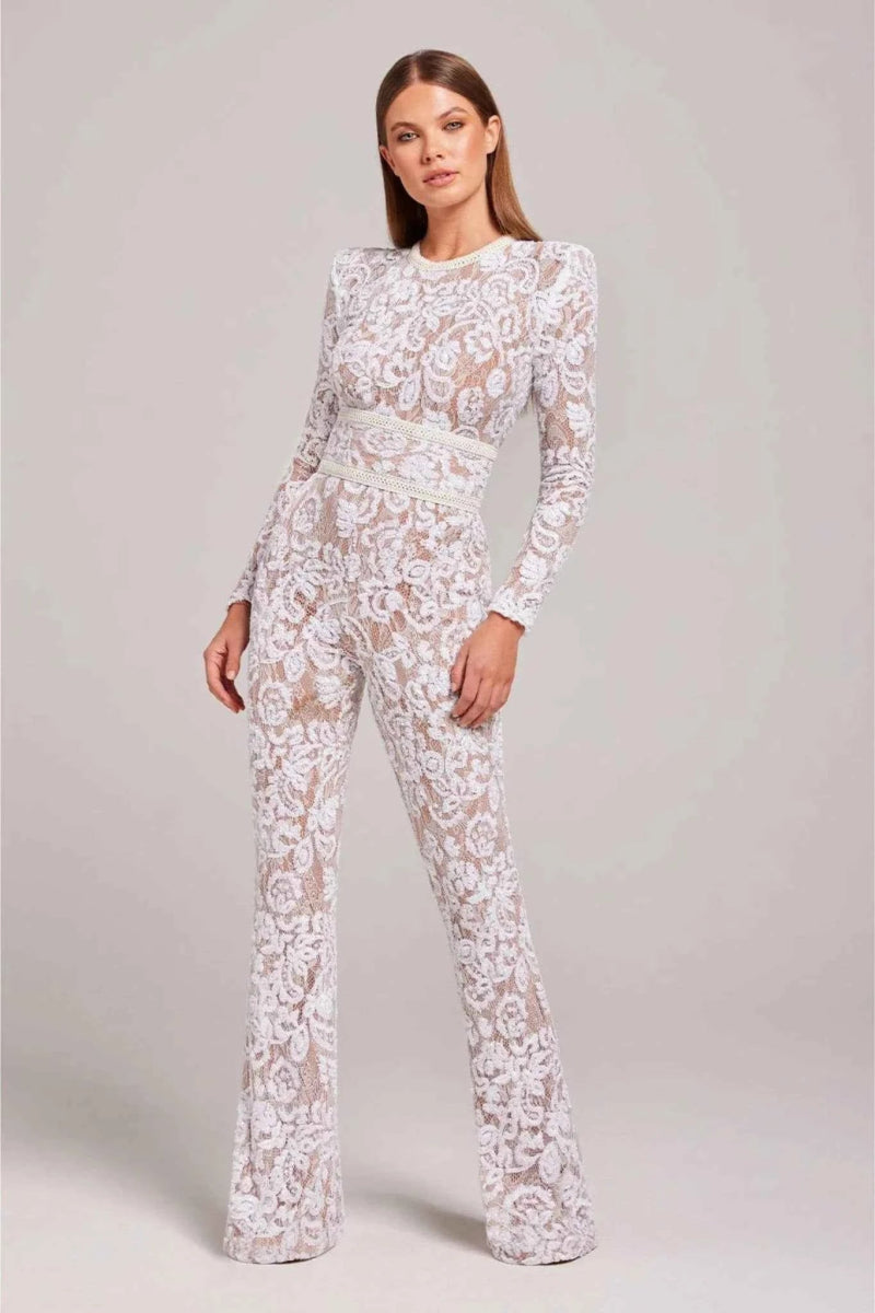 Jumpsuit Damen | Langärmliger Spitzen-Overall mit Pailletten & Ledergürtel