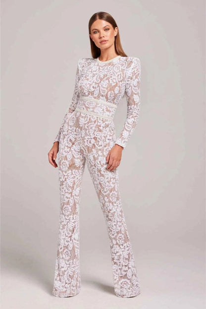 Jumpsuit Damen | Langärmliger Spitzen-Overall mit Pailletten & Ledergürtel