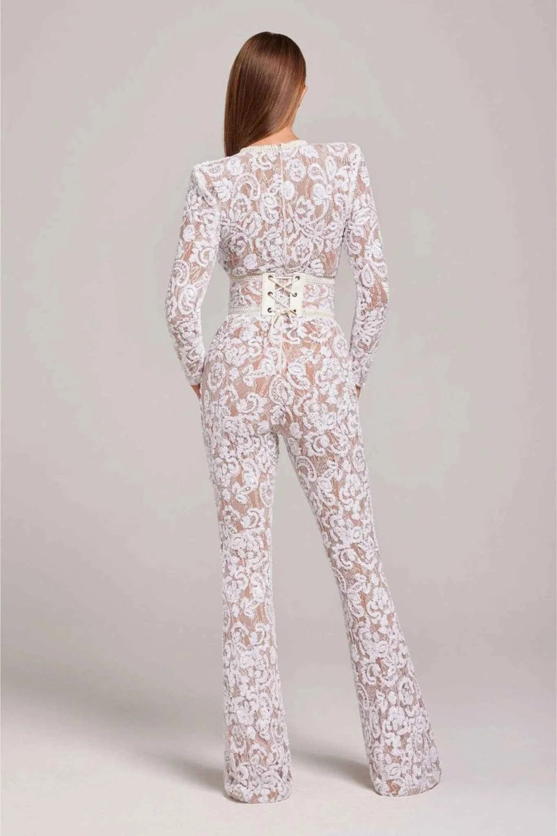Jumpsuit Damen | Langärmliger Spitzen-Overall mit Pailletten & Ledergürtel