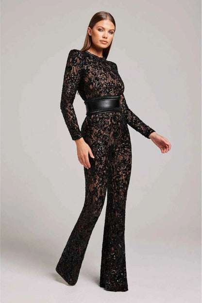 Jumpsuit Damen | Langärmliger Spitzen-Overall mit Pailletten & Ledergürtel