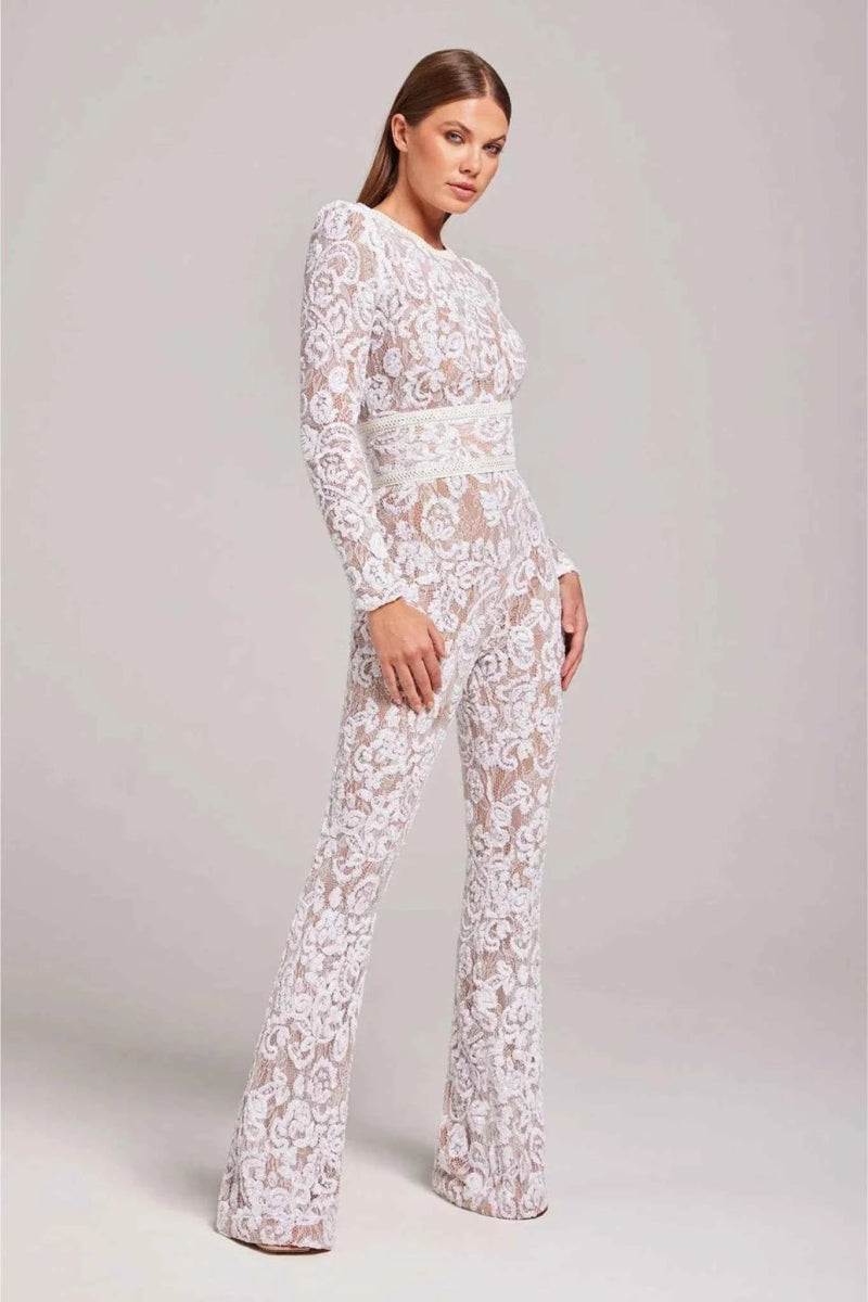 Jumpsuit Damen | Langärmliger Spitzen-Overall mit Pailletten & Ledergürtel